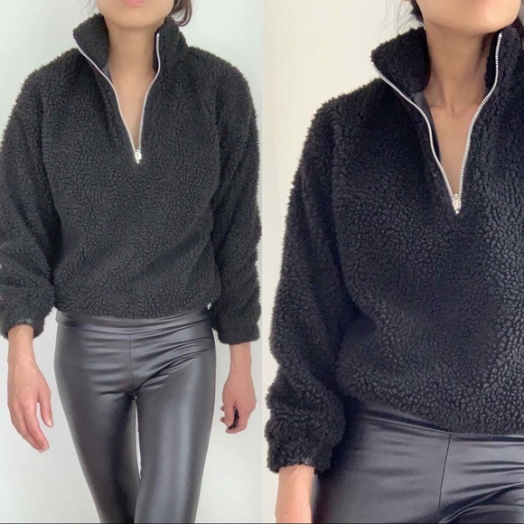 SHERPA HALF ZIP BOMBER SWEATER  - BLACK - Picture 12 of 14